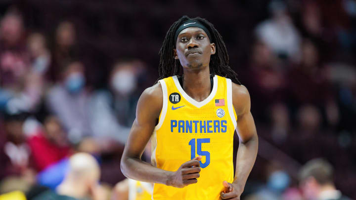 Feb 7, 2022; Blacksburg, Virginia, USA; Pittsburg Panthers forward Mouhamadou Gueye (15) during a game against the Virginia Tech Hokies during the second half at Cassell Coliseum. Mandatory Credit: Ryan Hunt-USA TODAY Sports