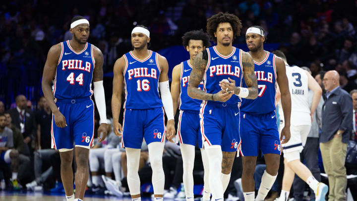 Mar 6, 2024; Philadelphia, Pennsylvania, USA; Philadelphia 76er Paul Reed (44) and Ricky Council IV (16) and Jeff Dowtin Jr. (11) and Kelly Oubre Jr. (9) and Buddy Hield (17) walk back from a timeout in the fourth quarter against the Memphis Grizzlies at Wells Fargo Center.