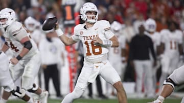 Nov 15, 2025; Athens, Georgia, USA; Texas Longhorns quarterback Arch Manning (16) looks to make a pass in the second half against the Georgia Bulldogs at Sanford Stadium. Mandatory Credit: Brett Davis-Imagn Images