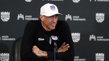 Mar 22, 2025; Sacramento, California, USA; Sacramento Kings interim head coach Doug Christie talks to media members before the game against the Milwaukee Bucks at Golden 1 Center. 