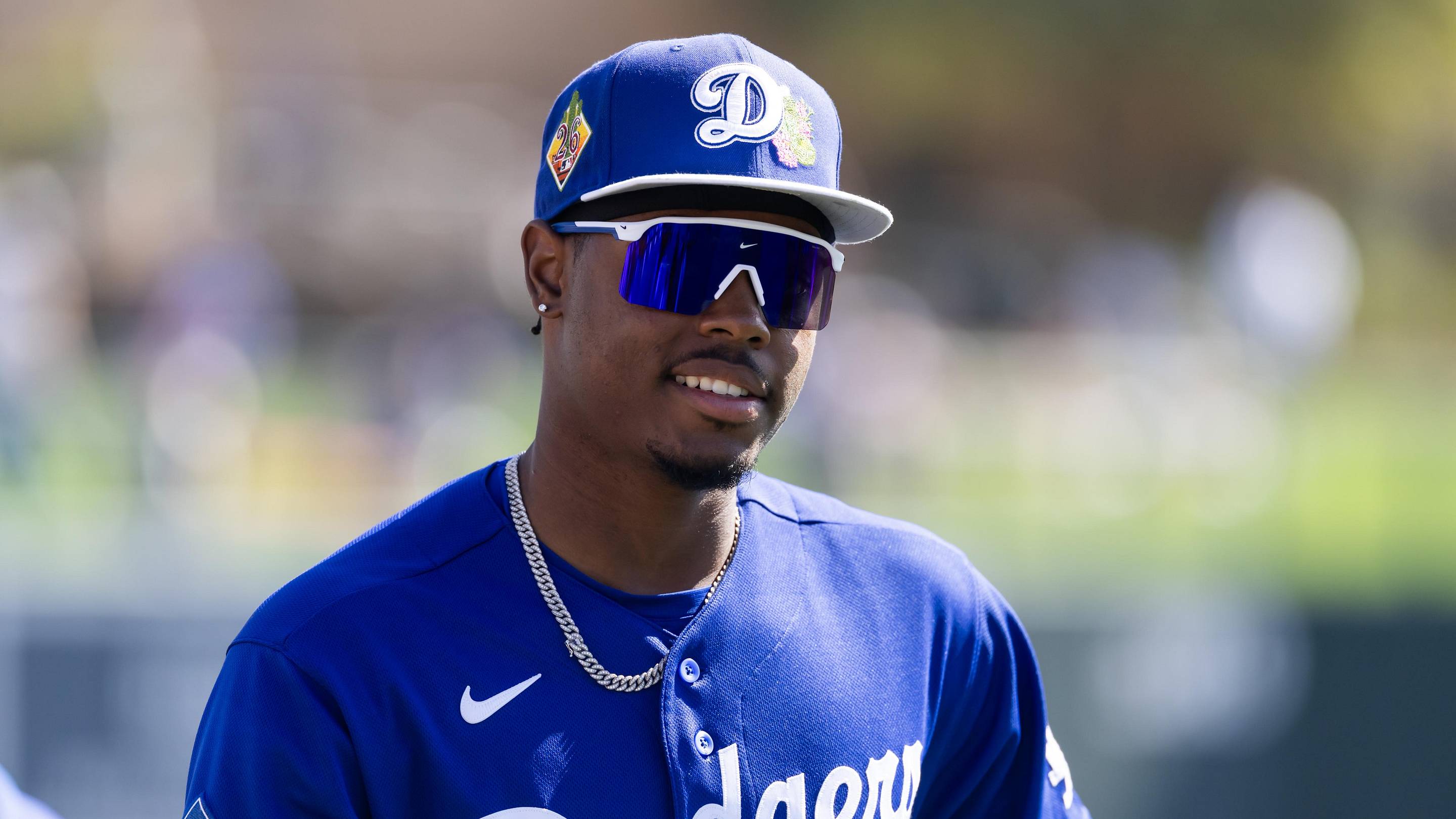 Feb 24, 2026; Phoenix, Arizona, USA; Los Angeles Dodgers outfielder Josue De Paula against the Cleveland Guardians during a spring training game at Camelback Ranch-Glendale. Mandatory Credit: Mark J. Rebilas-Imagn Images