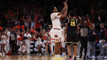Mar 28, 2025; Atlanta, GA, USA; Auburn Tigers guard Tahaad Pettiford (0) celebrates after a basket in the second half of a South Regional semifinal of the 2025 NCAA tournament against the Michigan Wolverines at State Farm Arena. Mandatory Credit: Brett Davis-Imagn Images