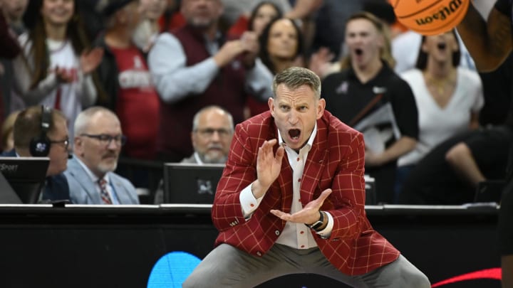 Mar 24, 2024; Spokane, WA, USA; Alabama Crimson Tide head coach Nate Oates reacts in the second half against the Grand Canyon Antelopes at Spokane Veterans Memorial Arena. Mandatory Credit: James Snook-USA TODAY Sports