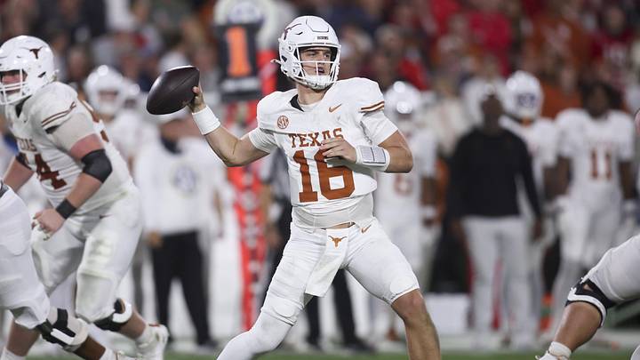 Nov 15, 2025; Athens, Georgia, USA; Texas Longhorns quarterback Arch Manning (16) looks to make a pass in the second half against the Georgia Bulldogs at Sanford Stadium. Mandatory Credit: Brett Davis-Imagn Images