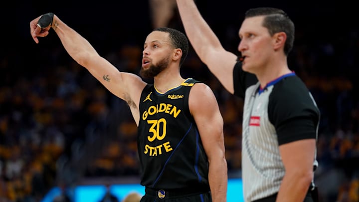 May 2, 2025; San Francisco, California, USA; Golden State Warriors guard Stephen Curry (30) reacts after making a three-point basket against the Houston Rockets in the third quarter of game six of the first round for the 2025 NBA Playoffs at Chase Center. Mandatory Credit: Cary Edmondson-Imagn Images May 2, 2025; San Francisco, California, USA; Golden State Warriors guard Stephen Curry (30) reacts after making a three-point basket against the Houston Rockets in the third quarter of game six of the first round for the 2025 NBA Playoffs at Chase Center. Mandatory Credit: Cary Edmondson-Imagn Images