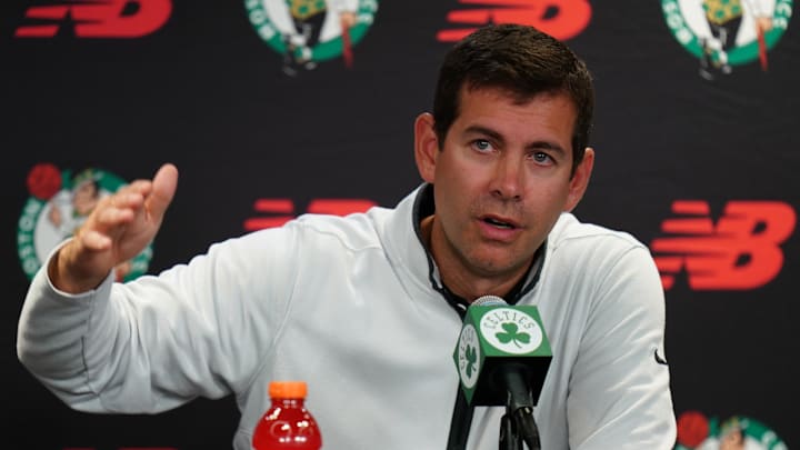 Oct 2, 2023; Boston, Celtics, USA; Boston Celtics president of basketball operations Brad Stevens talks during Boston Celtics Media Day. Mandatory Credit: David Butler II-Imagn Images
