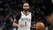 Mar 31, 2025; Dallas, Texas, USA; Brooklyn Nets guard D'Angelo Russell (1) in action during the game between the Dallas Mavericks and the Brooklyn Nets at the American Airlines Center. Mandatory Credit: Jerome Miron-Imagn Images