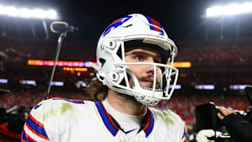 Jan 26, 2025; Kansas City, MO, USA; Buffalo Bills quarterback Josh Allen (17) walks off the field after the AFC Championship game against the Kansas City Chiefs