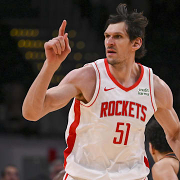 Mar 19, 2024; Washington, District of Columbia, USA;  Houston Rockets center Boban Marjanovic (51)  runs down the court during the second half against the Washington Wizards at Capital One Arena