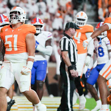 Tennessee defensive lineman Jaxson Moi (51) celebrates after a touchdown by Tennessee running back Dylan Sampson (6) during a game between Florida and Tennessee in Neyland Stadium, in Knoxville, Tenn., Saturday, Oct. 12, 2024.