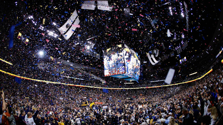 Apr 29, 2024; Denver, Colorado, USA; Confetti falls after the Denver Nuggets defeated the Los