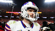 Jan 26, 2025; Kansas City, MO, USA; Buffalo Bills quarterback Josh Allen (17) walks off the field after the AFC Championship game against the Kansas City Chiefs at GEHA Field at Arrowhead Stadium. Mandatory Credit: Mark J. Rebilas-Imagn Images
