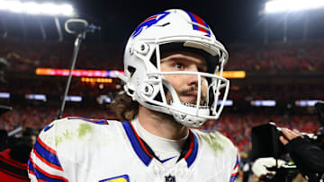 Jan 26, 2025; Kansas City, MO, USA; Buffalo Bills quarterback Josh Allen (17) walks off the field after the AFC Championship game against the Kansas City Chiefs at GEHA Field at Arrowhead Stadium. Mandatory Credit: Mark J. Rebilas-Imagn Images