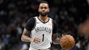 Mar 31, 2025; Dallas, Texas, USA; Brooklyn Nets guard D'Angelo Russell (1) in action during the game between the Dallas Mavericks and the Brooklyn Nets at the American Airlines Center. Mandatory Credit: Jerome Miron-Imagn Images
