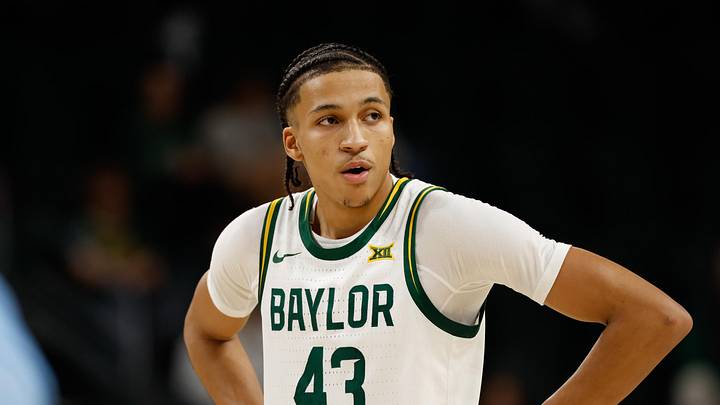Dec 21, 2025; Waco, Texas, USA; Baylor Bears guard Cameron Carr (43) reacts during the first half against the Southern University Jaguars at Paul and Alejandra Foster Pavilion. Mandatory Credit: Chris Jones-Imagn Images