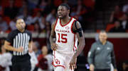 Feb 22, 2025; Norman, Oklahoma, USA; Oklahoma Sooners guard Duke Miles (15) runs down the court on a play against the Mississippi State Bulldogs during the second half at Lloyd Noble Center. Mandatory Credit: Alonzo Adams-Imagn Images