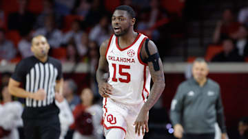 Feb 22, 2025; Norman, Oklahoma, USA; Oklahoma Sooners guard Duke Miles (15) runs down the court on a play against the Mississippi State Bulldogs during the second half at Lloyd Noble Center. Mandatory Credit: Alonzo Adams-Imagn Images