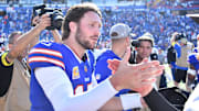 Buffalo Bills quarterback Josh Allen shakes hands following a win over the New Orleans Saints at Highmark Stadium.