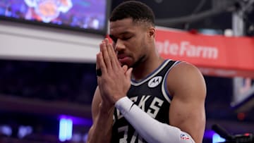 Jan 12, 2025; New York, New York, USA; Milwaukee Bucks forward Giannis Antetokounmpo (34) pauses before the start of a game against the New York Knicks at Madison Square Garden. Mandatory Credit: Brad Penner-Imagn Images