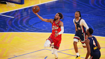 Feb 16, 2025; San Francisco, CA, USA; Chuckís Global Stars guard Trae Young (11) of the Atlanta Hawks shoots the ball against Kennyís Young Stars during the 2025 NBA All Star Game at Chase Center. Mandatory Credit: Cary Edmondson-Imagn Images