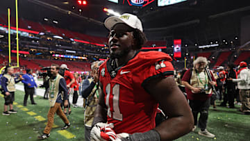 Dec 7, 2024; Atlanta, GA, USA; Georgia Bulldogs linebacker Jalon Walker (11) reacts after defeating the Texas Longhorns in overtime in the 2024 SEC Championship game at Mercedes-Benz Stadium. Mandatory Credit: Brett Davis-Imagn Images