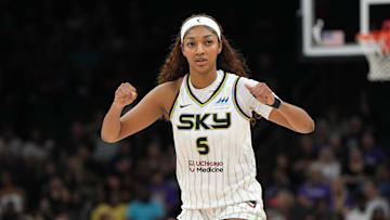 Chicago Sky forward Angel Reese reacts after a foul call against the Phoenix Mercury.
