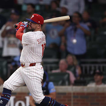 National League designated hitter Kyle Schwarber (12) of the Philadelphia Phillies hits in the home run swing off tiebreaker during the 2025 MLB All Star Game at Truist Park on July 15. 