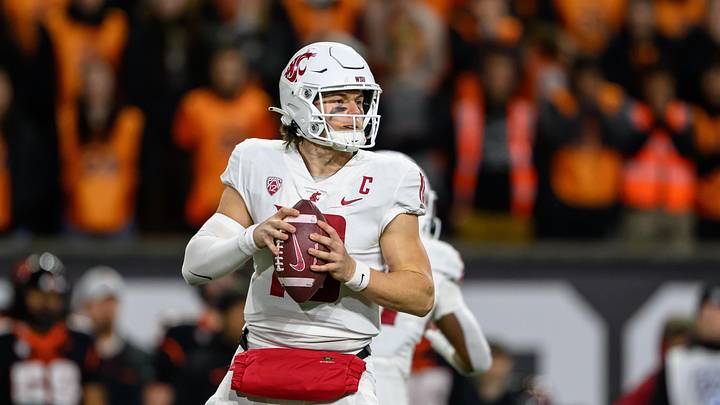 Nov 23, 2024; Corvallis, Oregon, USA; Washington State Cougars quarterback John Mateer (10) sets up to pass during the third quarter against the Oregon State Beavers at Reser Stadium. Mandatory Credit: Craig Strobeck-Imagn Images
