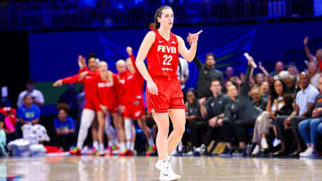 Jul 17, 2024; Arlington, Texas, USA; Indiana Fever guard Caitlin Clark (22) reacts during the second half against the Dallas Wings at College Park Center. Mandatory Credit: Kevin Jairaj-USA TODAY Sports