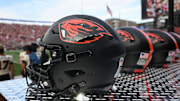 Sep 23, 2023; Pullman, Washington, USA; Oregon State Beavers helmet sits during a game against the Washington State Cougars in the first half at Gesa Field at Martin Stadium. Mandatory Credit: James Snook-Imagn Images