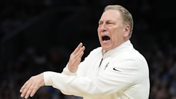 March 23, 2024, Charlotte, NC, USA; Michigan State Spartans head coach Tom Izzo reacts against the North Carolina Tar Heels  in the second round of the 2024 NCAA Tournament at the Spectrum Center. Mandatory Credit: Bob Donnan-Imagn Images