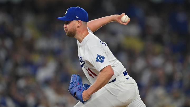 May 8, 2026; Los Angeles, California, USA; Los Angeles Dodgers pitcher Brock Stewart (41) pitches during the eighth inning against the Atlanta Braves at Dodger Stadium. Mandatory Credit: Jayne Kamin-Oncea-Imagn Images