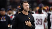 Sep 29, 2024; Glendale, Arizona, USA; Washington Commanders offensive coordinator Kliff Kingsbury against the Arizona Cardinals at State Farm Stadium. Mandatory Credit: Mark J. Rebilas-Imagn Images