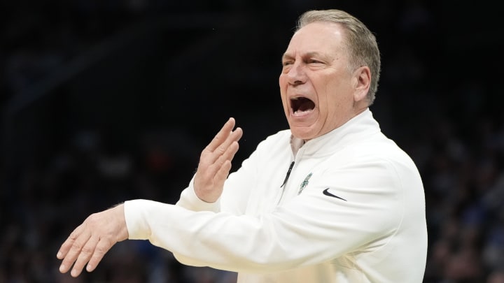 March 23, 2024, Charlotte, NC, USA; Michigan State Spartans head coach Tom Izzo reacts against the North Carolina Tar Heels  in the second round of the 2024 NCAA Tournament at the Spectrum Center. Mandatory Credit: Bob Donnan-USA TODAY Sports