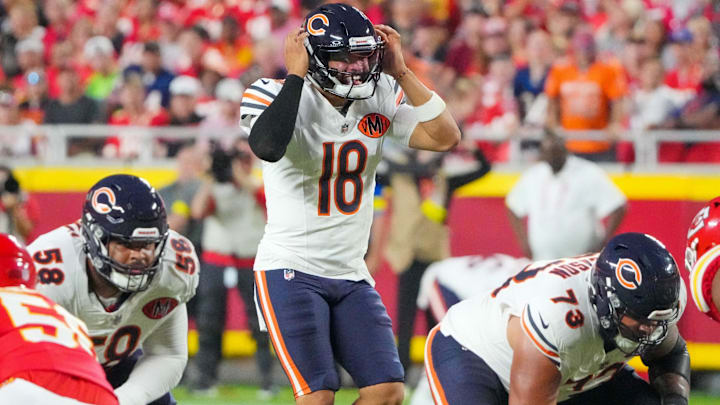 Caleb Williams calls out signals at the line during Friday's preseason win over the Chiefs. Caleb Williams calls out signals at the line during Friday's preseason win over the Chiefs.