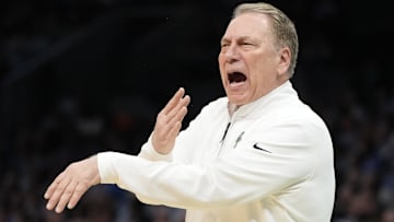 March 23, 2024, Charlotte, NC, USA; Michigan State Spartans head coach Tom Izzo reacts against the North Carolina Tar Heels  in the second round of the 2024 NCAA Tournament at the Spectrum Center. Mandatory Credit: Bob Donnan-Imagn Images