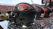 Sep 23, 2023; Pullman, Washington, USA; Oregon State Beavers helmet sits during a game against the Washington State Cougars in the first half at Gesa Field at Martin Stadium. Mandatory Credit: James Snook-Imagn Images