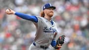 Jul 27, 2025; Boston, Massachusetts, USA; Los Angeles Dodgers starting pitcher Dustin May (85) pitches against the Boston Red Sox during the first inning at Fenway Park. Mandatory Credit: Brian Fluharty-Imagn Images