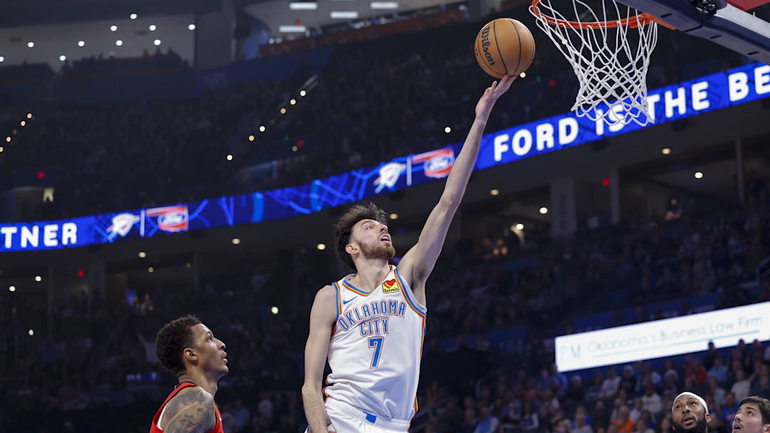 Feb 7, 2026; Oklahoma City, Oklahoma, USA; Oklahoma City Thunder center/forward Chet Holmgren (7) goes up for a basket against the Houston Rockets during the first half at Paycom Center. Mandatory Credit: Alonzo Adams-Imagn Images