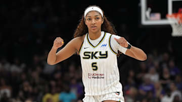 May 27, 2025; Phoenix, Arizona, USA; Chicago Sky forward Angel Reese (5) reacts after a foul call against the Phoenix Mercury in the first half at Footprint Center. Mandatory Credit: Rick Scuteri-Imagn Images