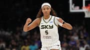 May 27, 2025; Phoenix, Arizona, USA; Chicago Sky forward Angel Reese (5) reacts after a foul call against the Phoenix Mercury in the first half at Footprint Center. Mandatory Credit: Rick Scuteri-Imagn Images