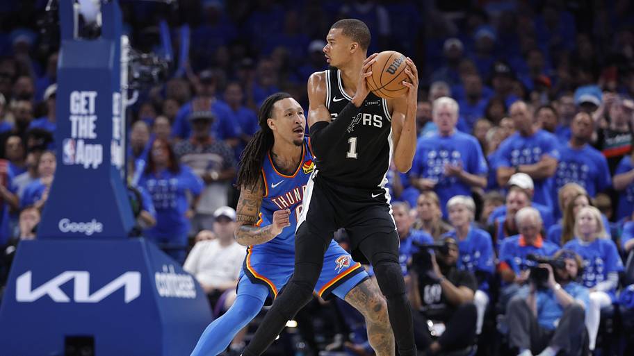 Spurs forward Victor Wembanyama controls the ball against Thunder forward Jaylin Williams.
