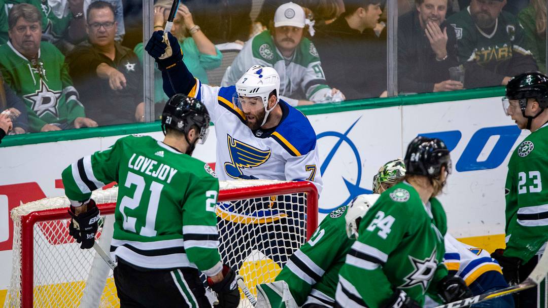 Apr 29, 2019; Dallas, TX, USA; St. Louis Blues left wing Patrick Maroon (7) scores the game winning goal against Dallas Stars goaltender Ben Bishop (30) during the third period in game three of the second round of the 2019 Stanley Cup Playoffs at American Airlines Center. Mandatory Credit: Jerome Miron-USA TODAY Sports