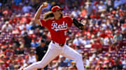 Sep 21, 2024; Cincinnati, Ohio, USA; Cincinnati Reds starting pitcher Rhett Lowder (81) pitches against the Pittsburgh Pirates in the first inning at Great American Ball Park. Mandatory Credit: Katie Stratman-Imagn Images