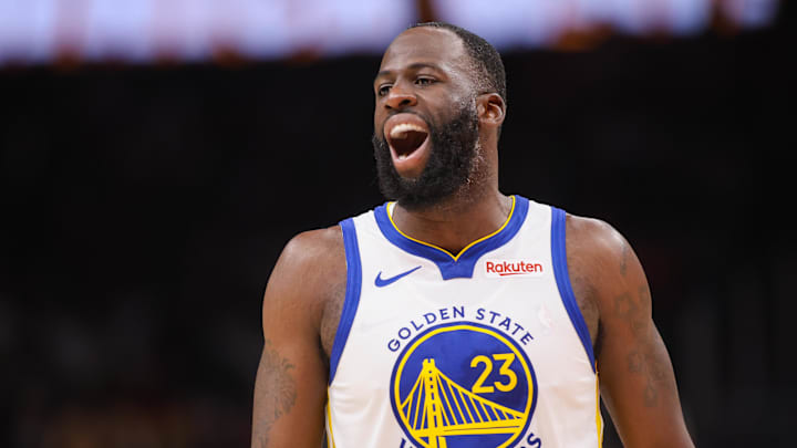 Mar 21, 2026; Atlanta, Georgia, USA; Golden State Warriors forward Draymond Green (23) reacts to a call against the Atlanta Hawks in the second quarter at State Farm Arena. Mandatory Credit: Brett Davis-Imagn Images

