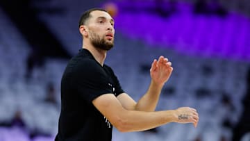 Apr 16, 2025; Sacramento, California, USA; Sacramento Kings guard Zach LaVine (8) warms up before the game against the Dallas Mavericks at Golden 1 Center. Mandatory Credit: Sergio Estrada-Imagn Images