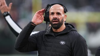 New York Jets head coach Robert Saleh reacts during the second half against the Washington Commanders at MetLife Stadium. 