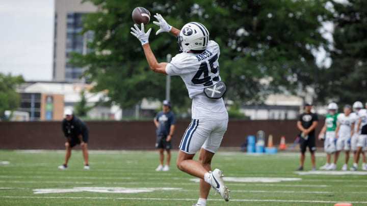 Tei Nacua catches a pass at BYU Fall camp