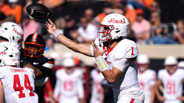 Houston Cougars quarterback Conner Weigman (1) throws a pass during a college football game between the Oklahoma State Cowboys (OSU) and the Houston Cougars at Boone Pickens Stadium in Stillwater, Okla., Saturday, Oct. 11, 2025.