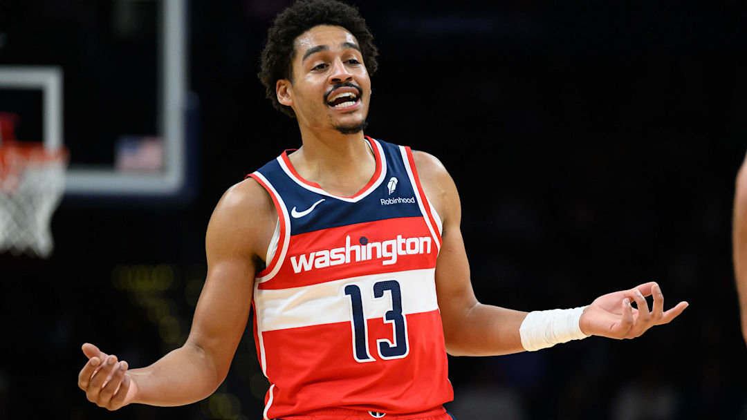 Mar 29, 2024; Washington, District of Columbia, USA; Washington Wizards guard Jordan Poole (13) looks on during the first quarter against the Detroit Pistons at Capital One Arena. Mandatory Credit: Reggie Hildred-Imagn Images